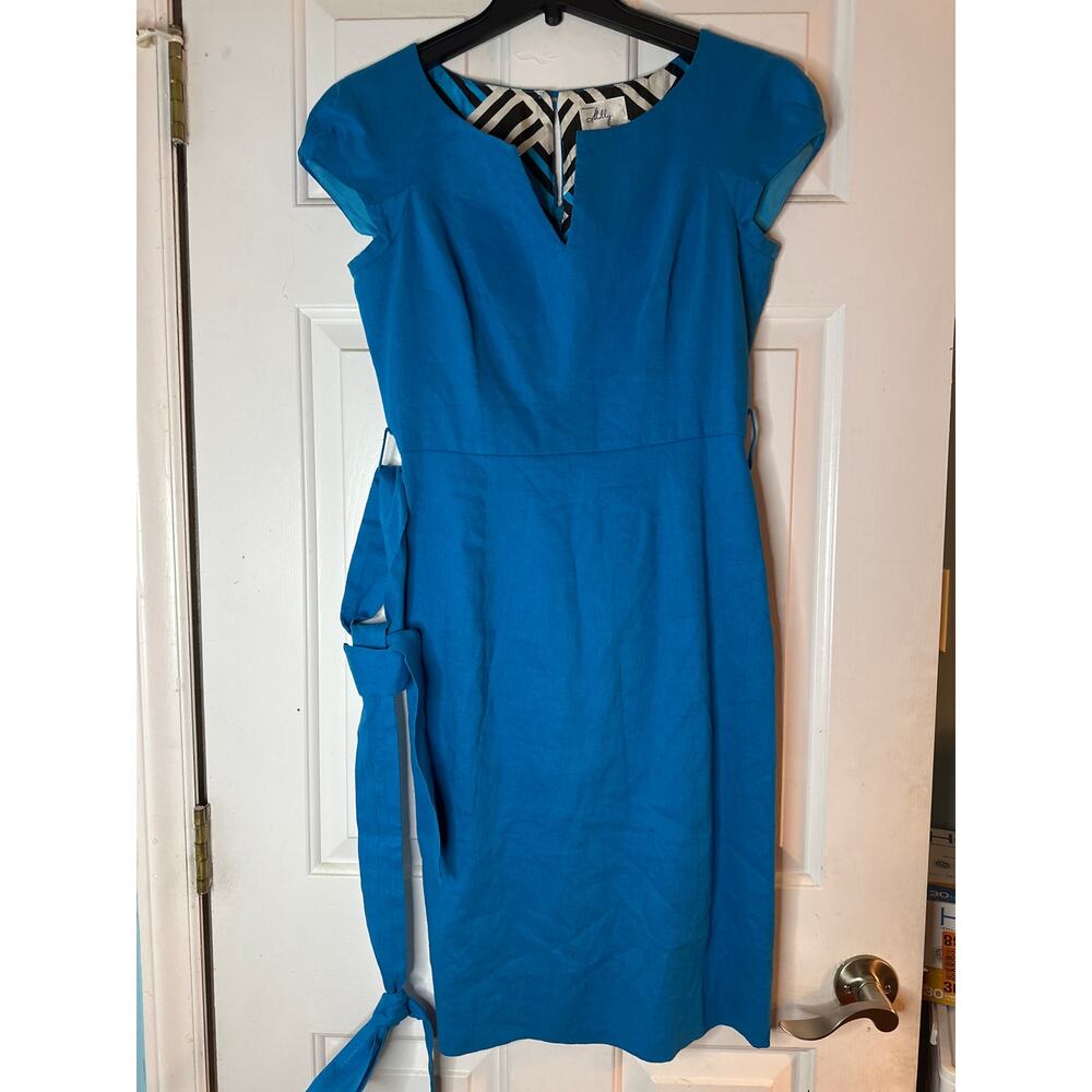 Milly Women's size 4 royal blue Linen/silk lining dress cap sleeve and tie waist